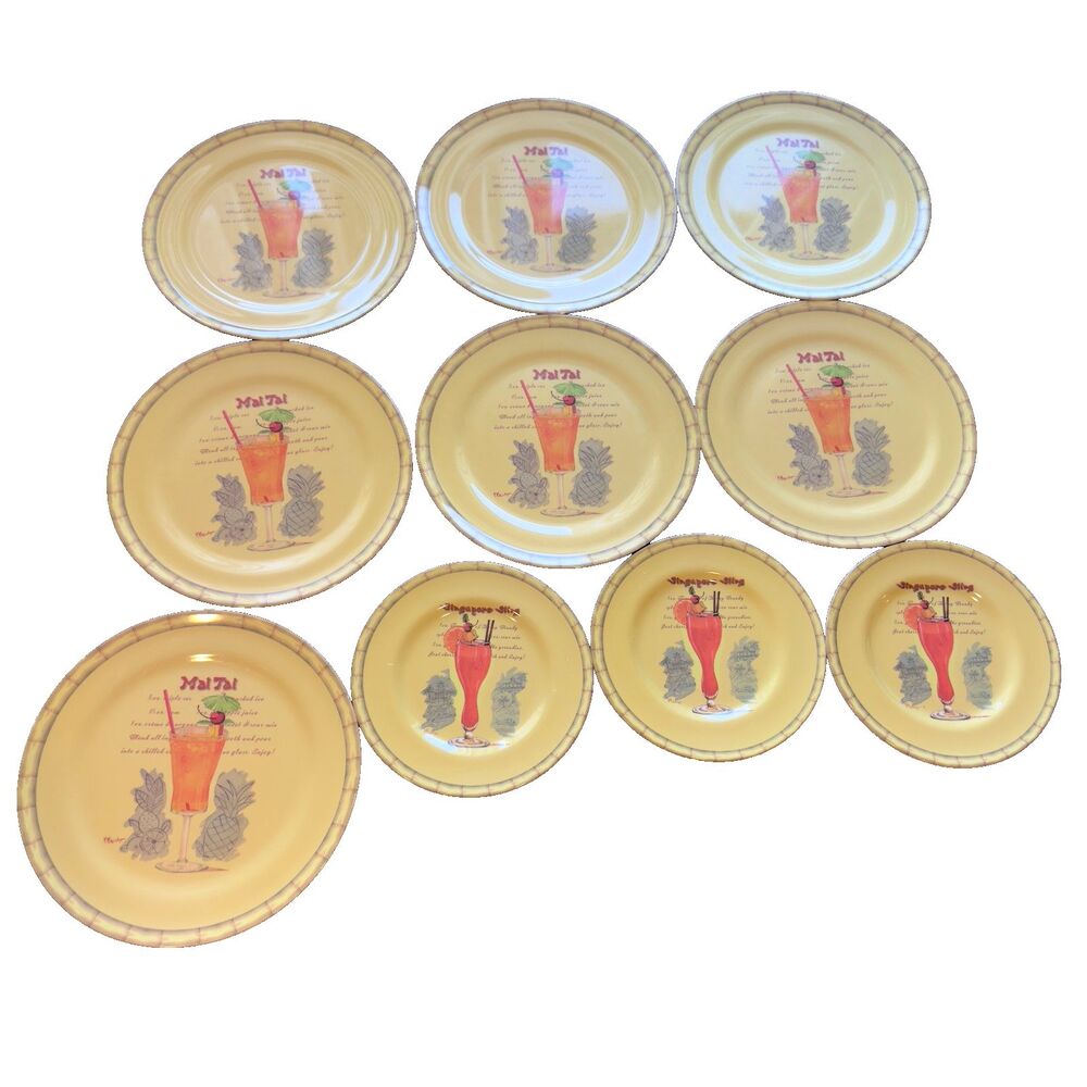 Sakura Evolution Melamine Mai Tai Dinner Plates Tropical Drink Recipe LOT of 10